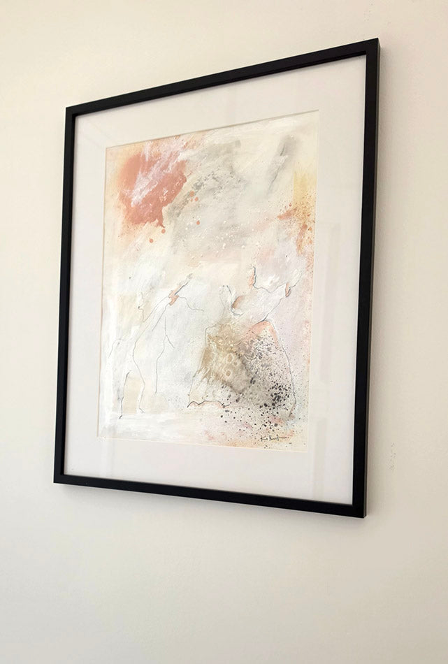 dessin et peinture sur papier dualité entre le vide et la tache avec silhouettes filiformes