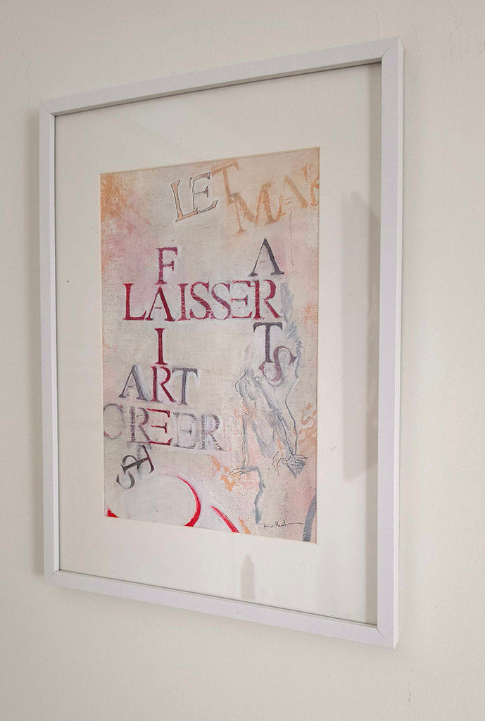 œuvre abstraite originale sur toile à travers un jeu de lettres croisées,« LAISSER FAIRE », « ART », et « CRÉER "