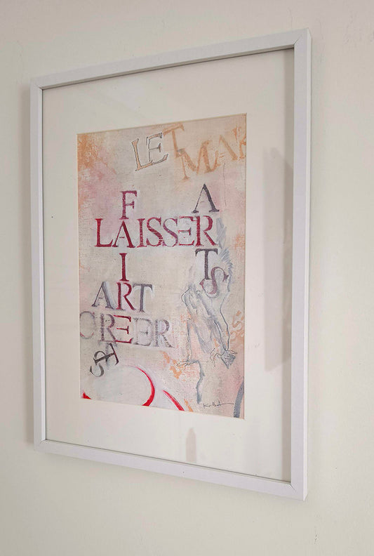 œuvre abstraite originale sur toile à travers un jeu de lettres croisées,« LAISSER FAIRE », « ART », et « CRÉER "