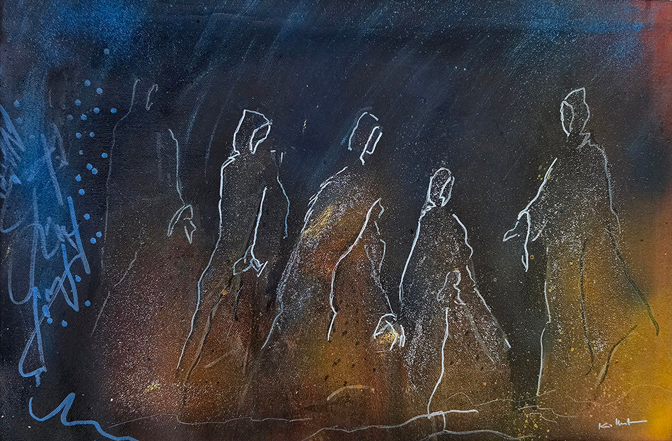 Le peuple des ombres, peinture contemporaine de Kellestom, silhouettes humaines esquissées sur fond bleu nuit, brun et doré, toile avec passe partout 30 × 40 cm