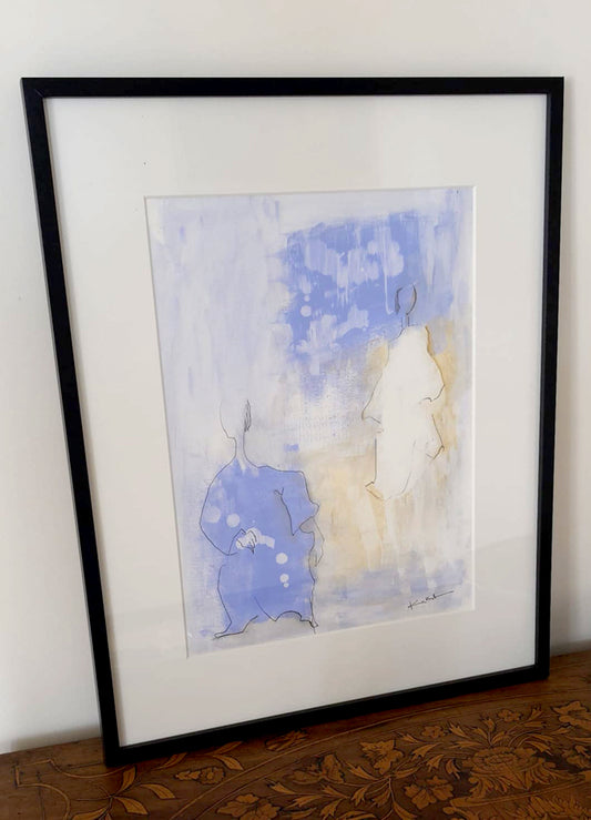 dessin bleu et jaune pale sur papier fort encadré. Nuances douces de bleu et espaces épurés créent une atmosphère apaisante