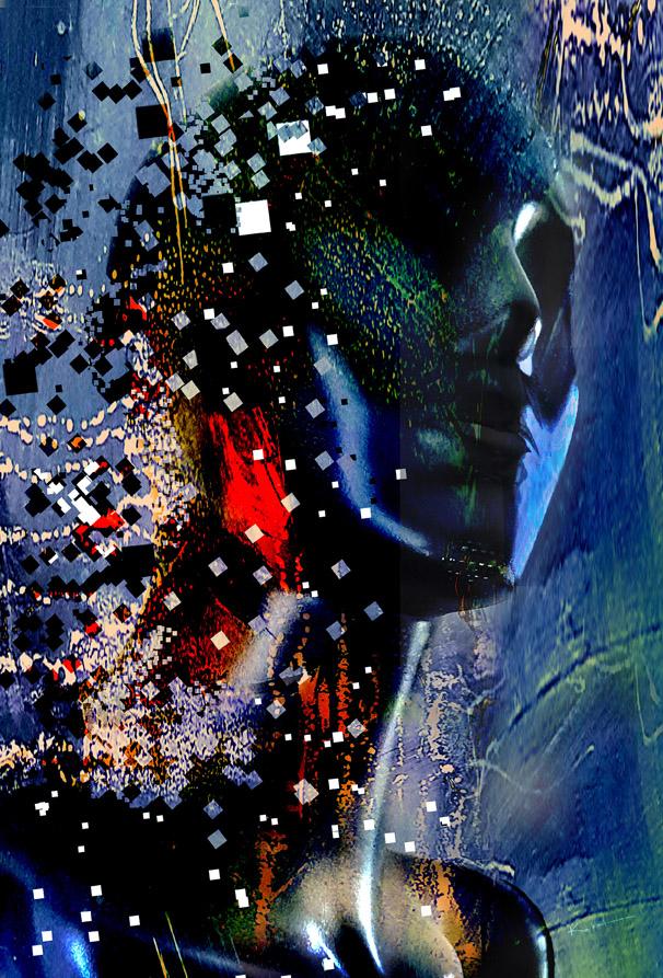 Art numérique Kellestom – Portrait de nuit déconstruit en pixels noirs et bleus, ambiance urbaine et mystérieuse.