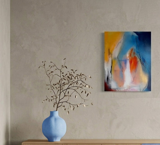 peinture abstraite contemporaine sur toile, nuances de bleu, blanc et orange évoquant un passage vers un horizon lumineux.