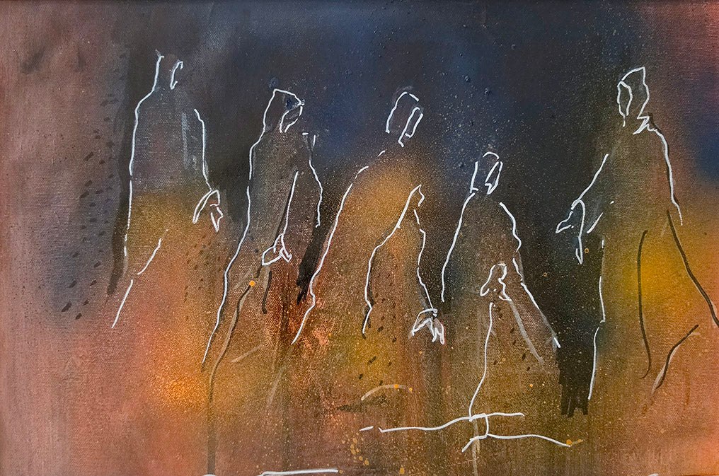 Peinture contemporaine sur toile représentant des silhouettes humaines esquissées en blanc sur un fond sombre et cuivré, œuvre de Kellestom