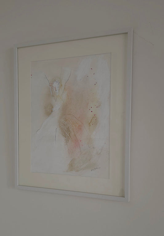 œuvre abstraite sur papier de Kellestom. Composition délicate où matière, lumière et mouvement se rencontrent dans un univers poétique.