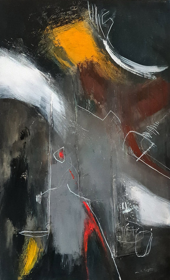 Tableaux abstrait contemporain Émergence par l'artiste Kellestom. Peinture sur toile originale texturée aux tons noir, gris, blanc avec des touches de rouge et jaune ocre.