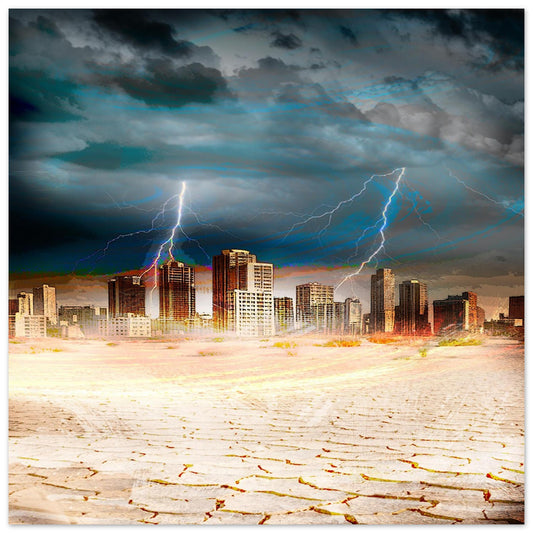 L’aspect dramatique et mystérieux du désert sous une tempête Une atmosphère dramatique et mystérieuse, évoquant la dualité entre la blancheur implacable du désert et la violence d'un ciel noir illuminé par des éclairs. Art digital sur alu