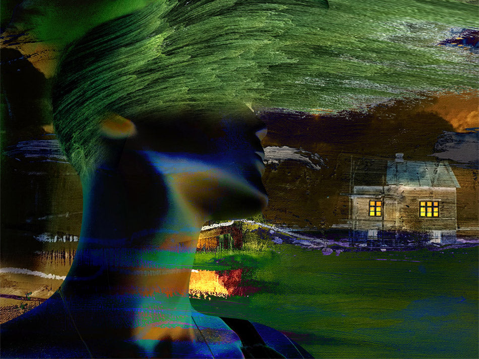 art digital de kellestom 70x100cm Dominante verte avec maison isolée éclairée dans la nuit