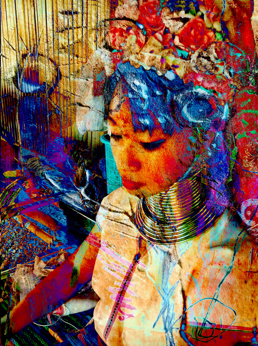 art digital sur alu 80x60cm femme girafe avec son imposant collier de cuivre