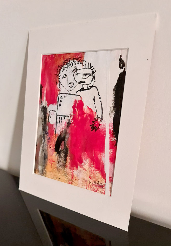 Thoughtful – Abstract painting 2 white figures on red background 18x13.5cm | Kellestom