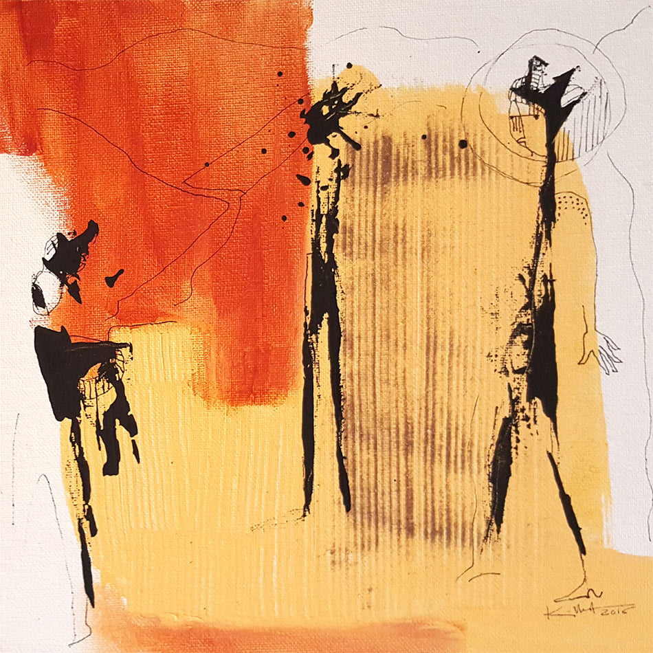 Conquête - peinture jaune, orange et silhouettes noires. Carton toilé 25x25cm
