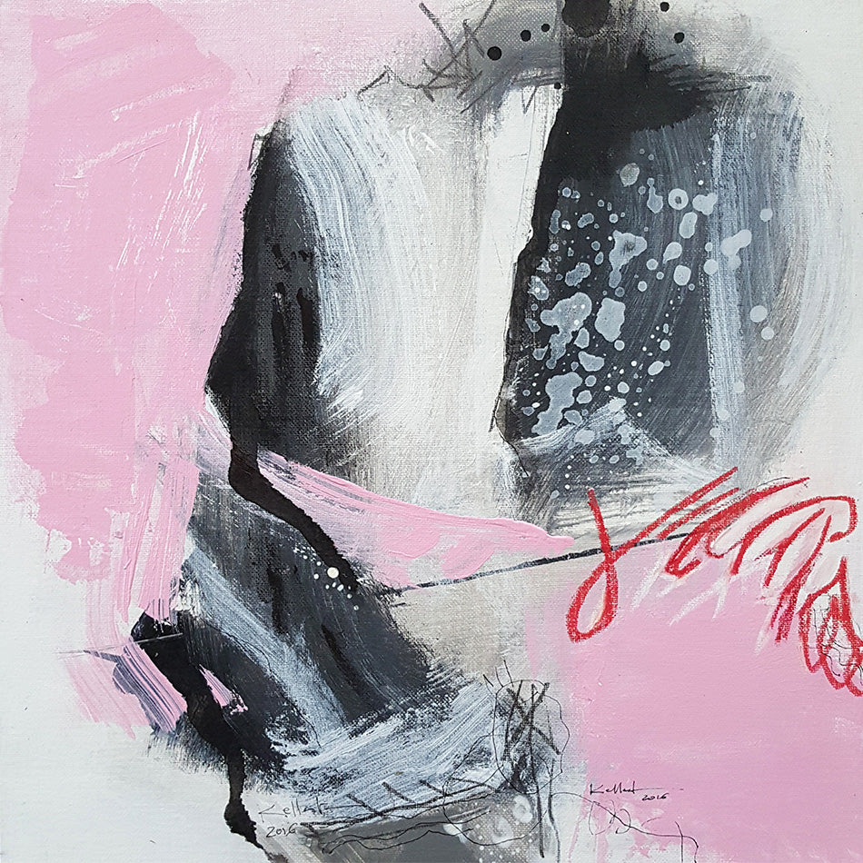 Labyrinth -abstract painting 36x36cm- canvas board. Pink, grey, white and black