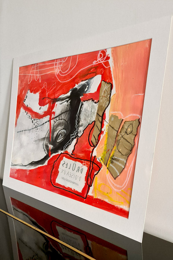 Drôle d’Oiseaux – Peinture figurative fantaisiste dominante orangée 42x52cm | Kellestom