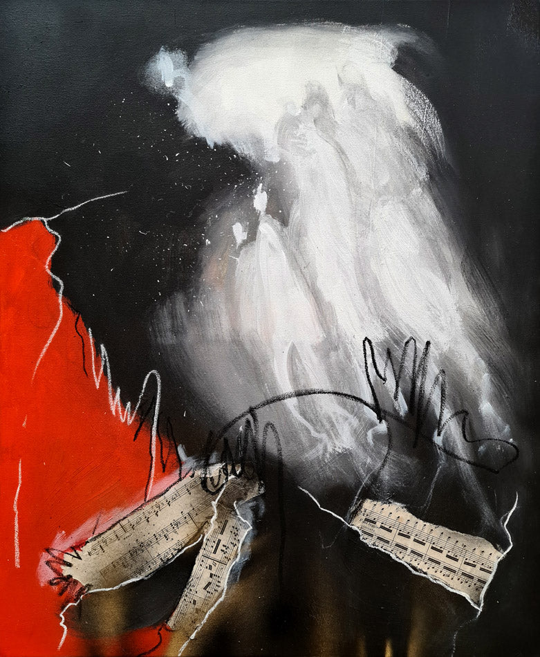 Peinture abstraite contemporaine rouge blanc et noir réalisée par l'artiste Kellestom