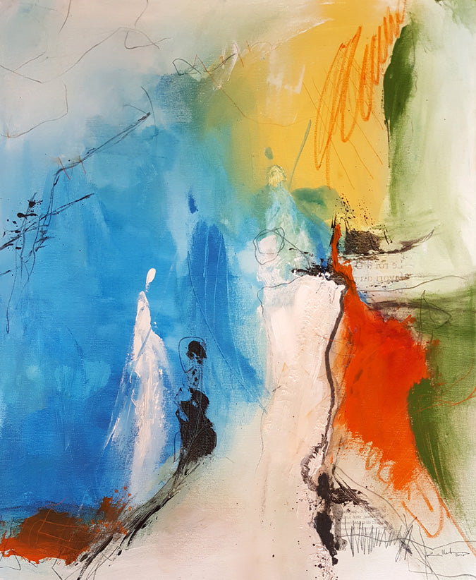 peinture sur toile couleurs primaires avec silhouettes blanches