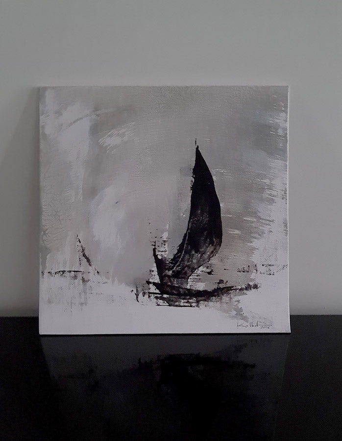 Halong Bay - painting of a black sail on a grey background. Canvas board 19x19cm