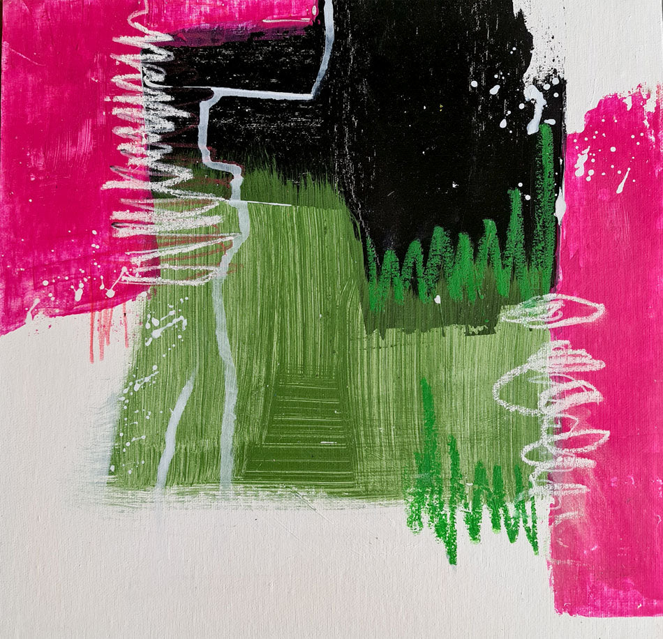 peinture abstraite 36x36cm couleurs rose vert et noir par Kellestom