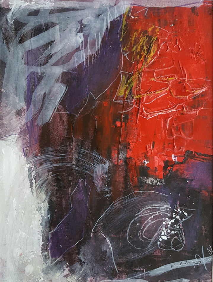 Tonic – Red, mauve and white abstract painting on strong paper 24x34cm | Kellestom