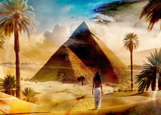 une femme vue de dos devant des pyramides et des palmiers, paysage feerique Art digital sur alu 50x70cm