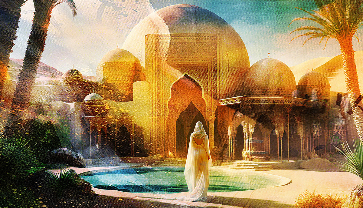 art digital 50x70cm "Oasis" femme vetement vaporeux vue de dos au bord de l'oasis Paysage feerique dominante couleur or