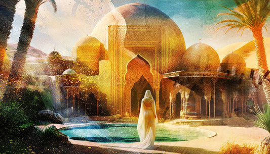 art digital 50x70cm "Oasis" femme vetement vaporeux vue de dos au bord de l'oasis Paysage feerique dominante couleur or