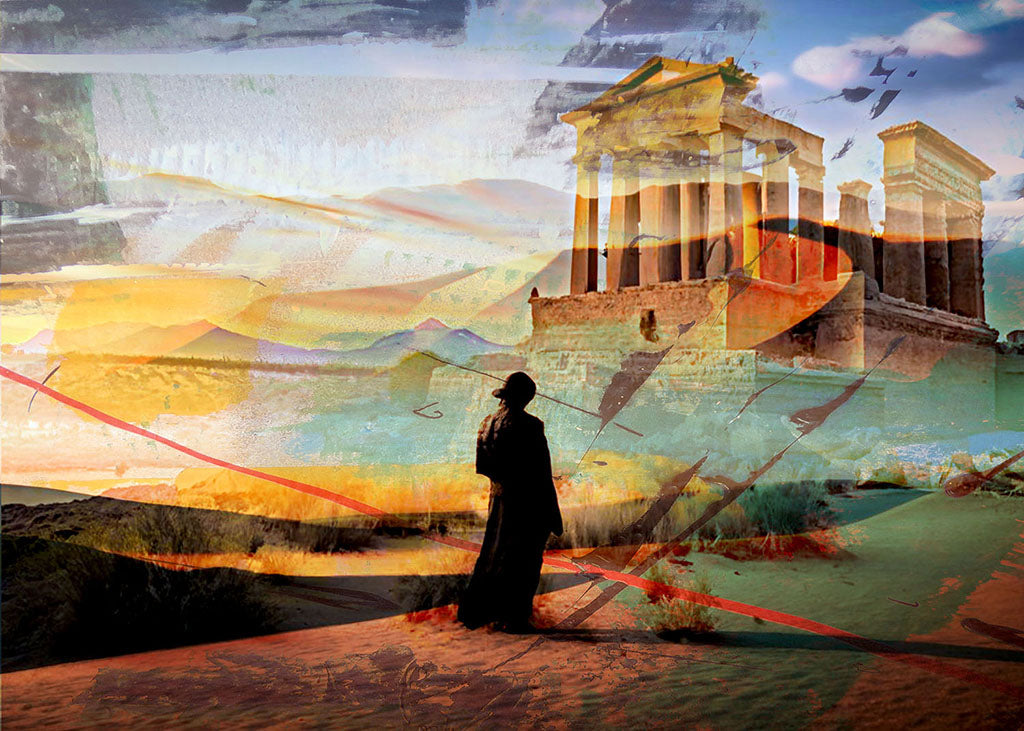 silhouette noire de dos devant un temple dans le desert . Art digital sur alu  70x50cm 