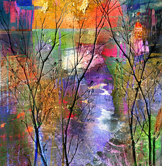 Œuvre d'art numérique Été Indien 30x30 cm représentant des silhouettes d'arbres sur fond abstrait coloré jaune, orange et violet - Kellestom