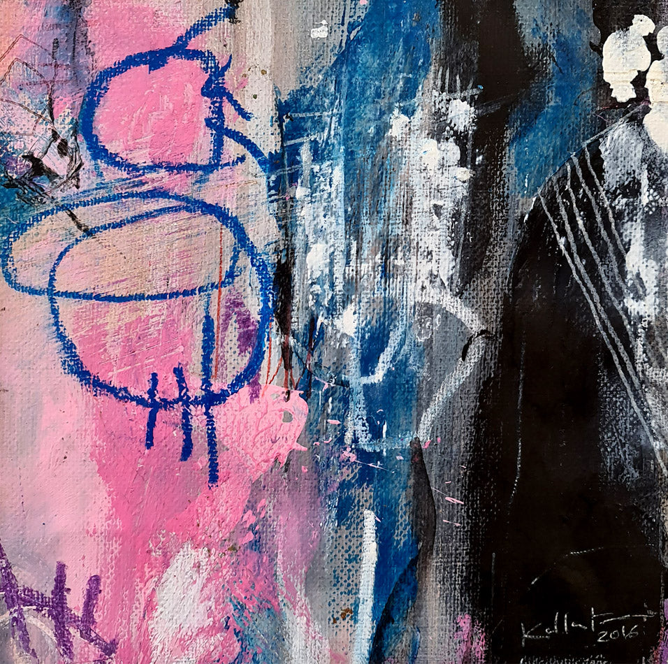 Peinture abstraite contemporaine rose bleue et noire signee Kellestom 2016