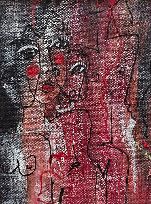 Peinture abstraite contemporaine représentant des visages féminins en rouge, noir et blanc 24x18cm
