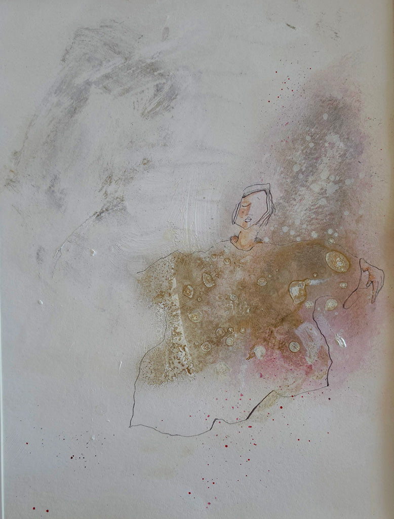 figure humaine stylisée, aux yeux clos et à l'expression sereine dans un espace blanc gris legerementdoré dessin et peinture sur papier de kellestom