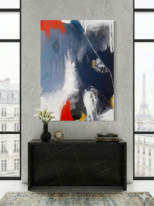 "Ephémère Eternité "Tableau abstrait contemporain bleu noir rouge avec horloges et silhouettes - Kellestom