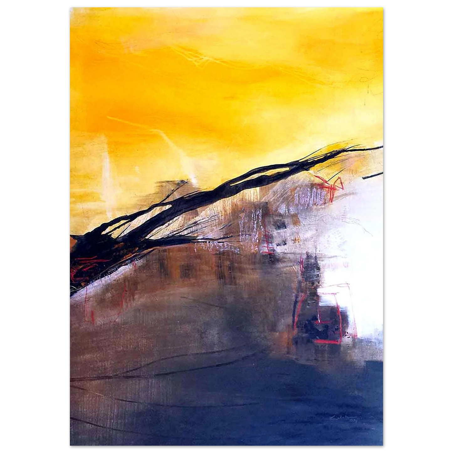 Espoir retrouvé, peinture abstraite contemporaine de Kellestom aux tons jaunes, noirs et gris, inspirée d'une œuvre originale disparue en 2014.