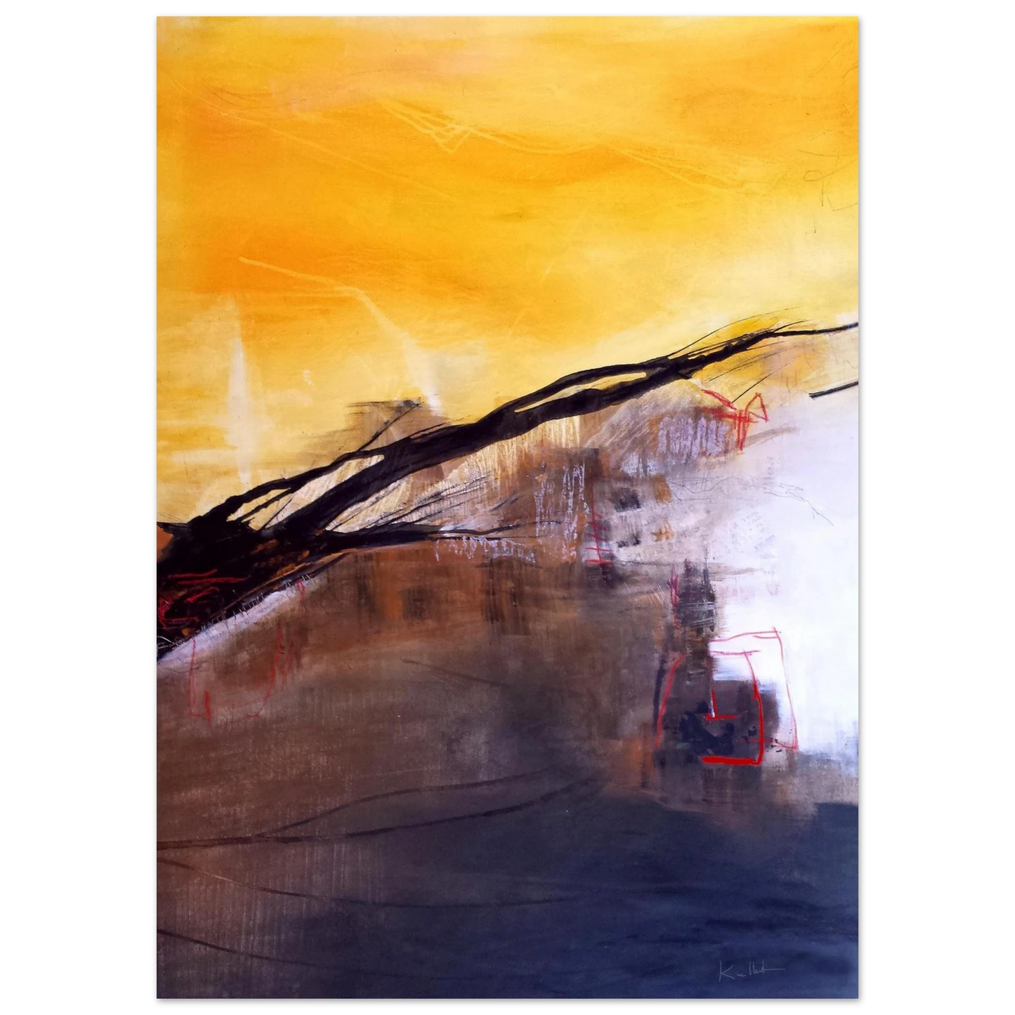Espoir retrouvé, peinture abstraite contemporaine de Kellestom aux tons jaunes, noirs et gris, inspirée d'une œuvre originale disparue en 2014.
