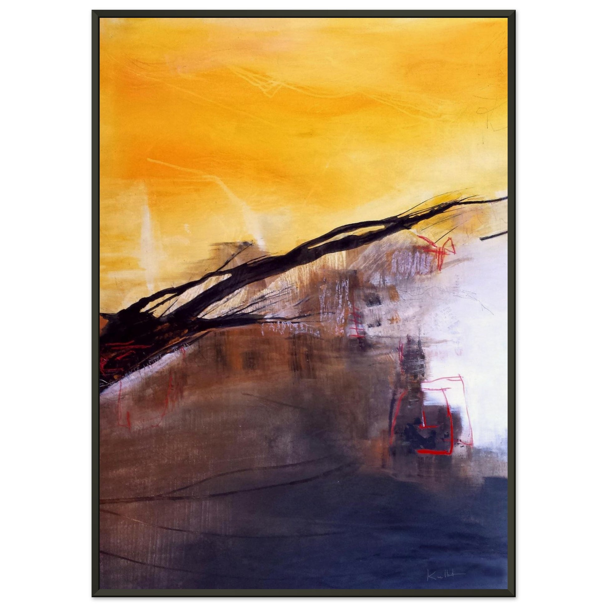 Espoir retrouvé, peinture abstraite contemporaine de Kellestom aux tons jaunes, noirs et gris, inspirée d'une œuvre originale disparue en 2014.