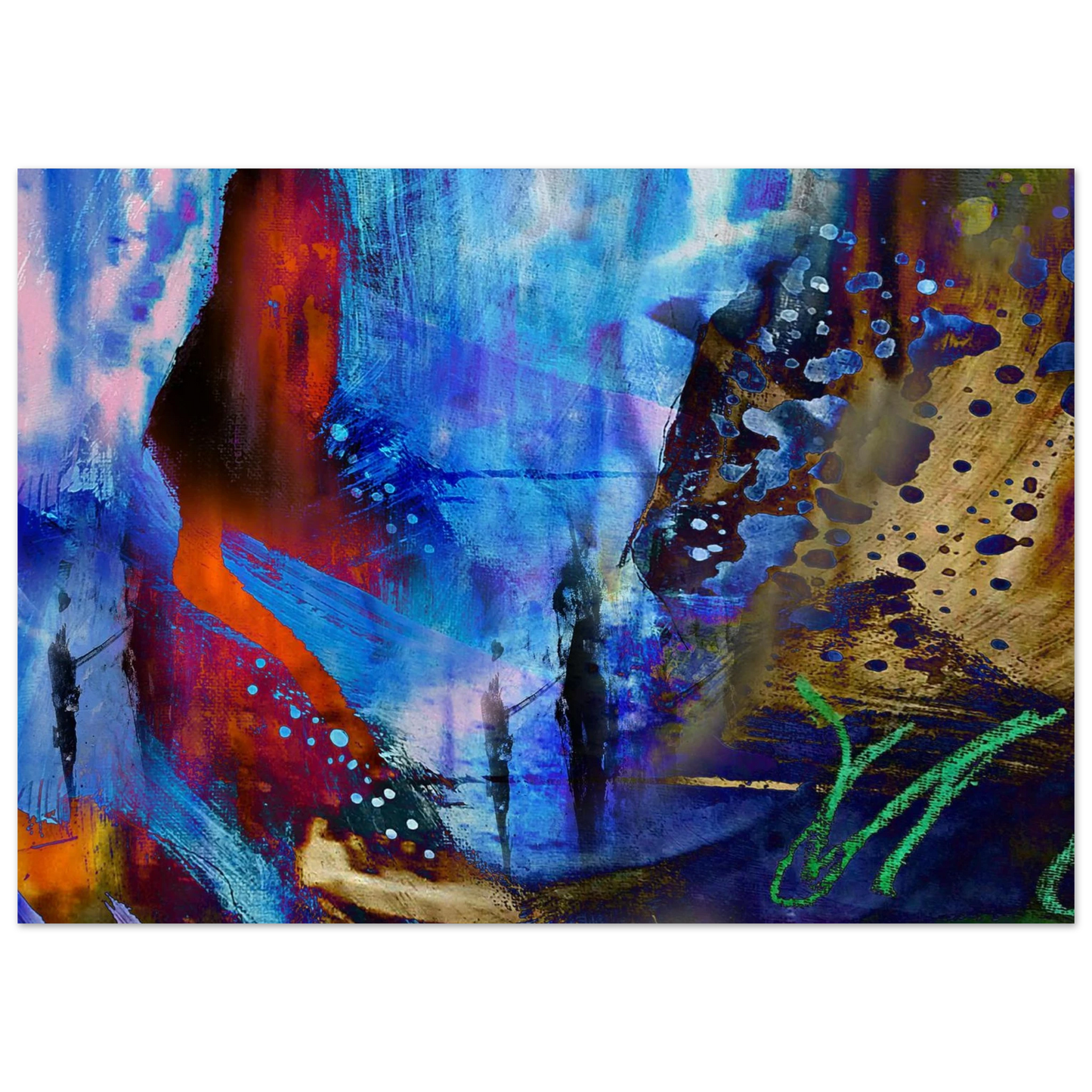 Création d'art numérique abstraite intitulée "Évanescence Bleue", mettant en scène une silhouette rouge sur un fond de textures bleues, dorées et urbaines - Kellestom