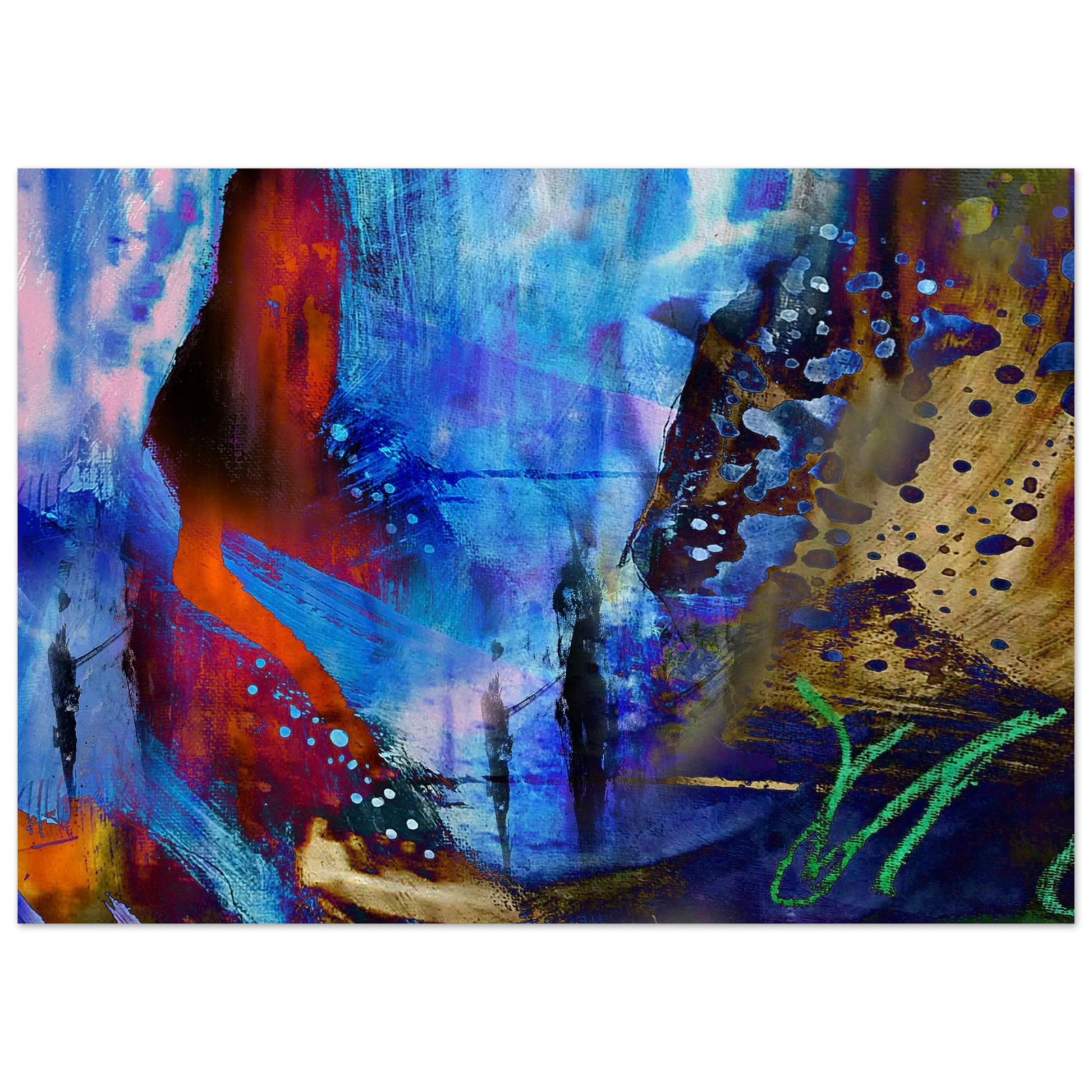 Création d'art numérique abstraite intitulée "Évanescence Bleue", mettant en scène une silhouette rouge sur un fond de textures bleues, dorées et urbaines - Kellestom