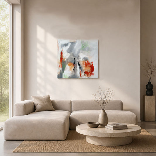 peinture abstraite 100x100cm contemporaine grise et orange traits noirs réalisée par Kellestom