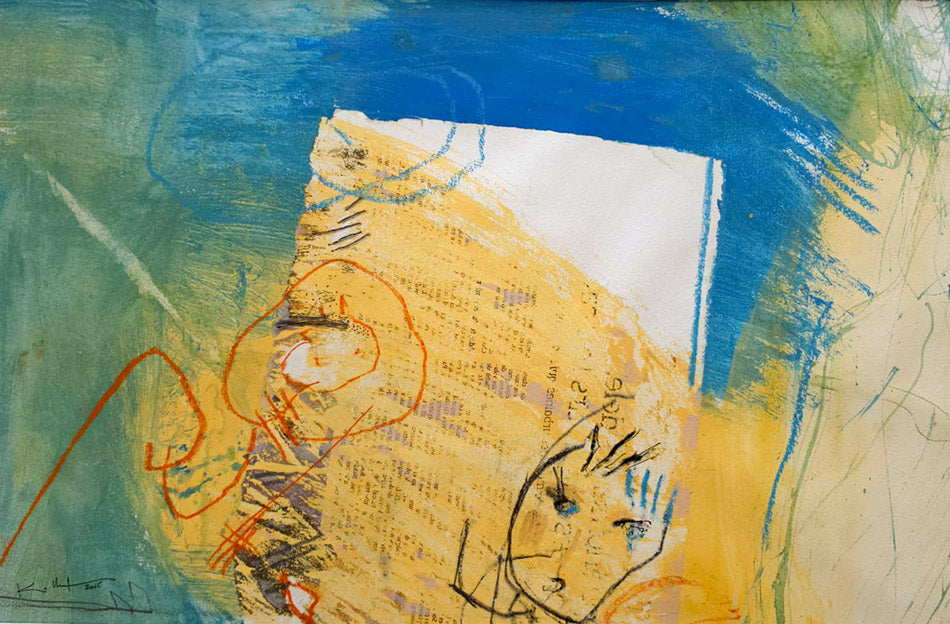 Peinture technique mixte ecriture journal jaune et bleu Echo du quotidien Kellestom