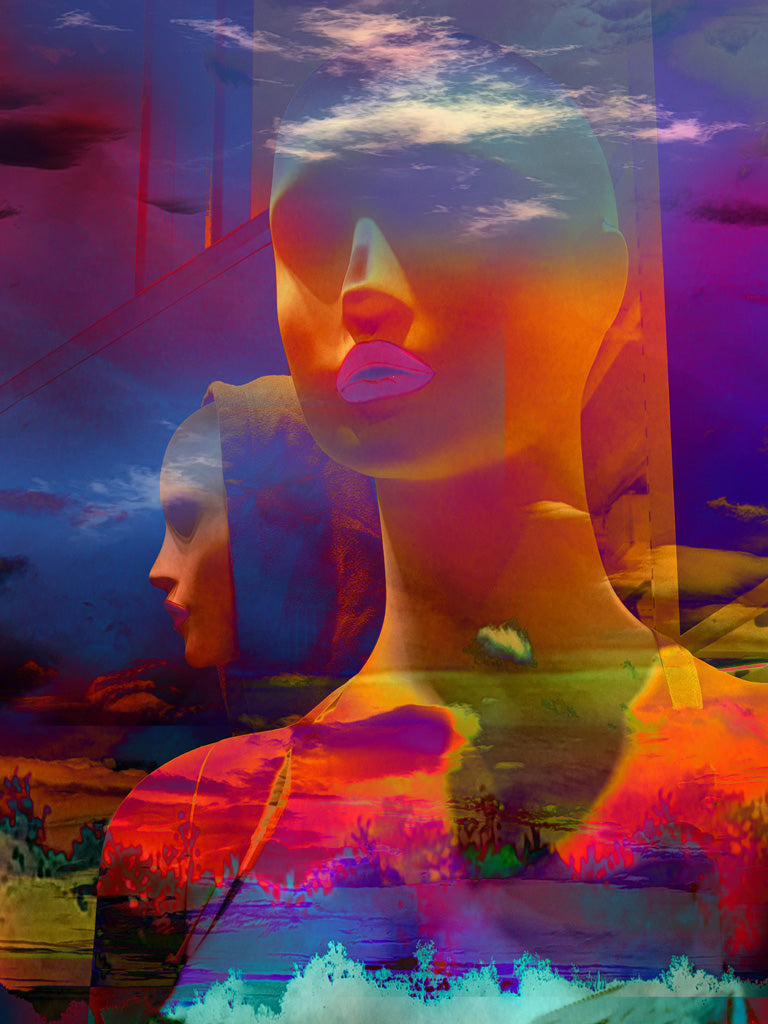 Oeuvre d'art numérique "La tête dans les nuages" imprimée sur aluminium, portrait surréaliste et coloré.