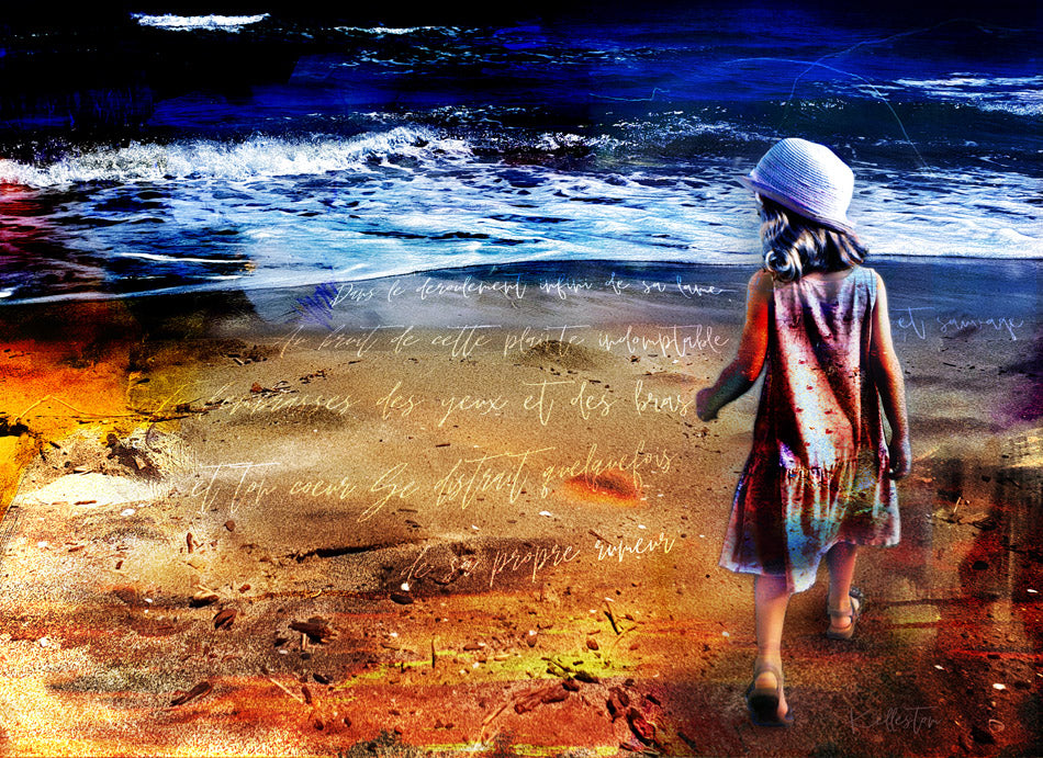 Art digital poétique bord de mer enfant marchant sur la plage avec texte calligraphié