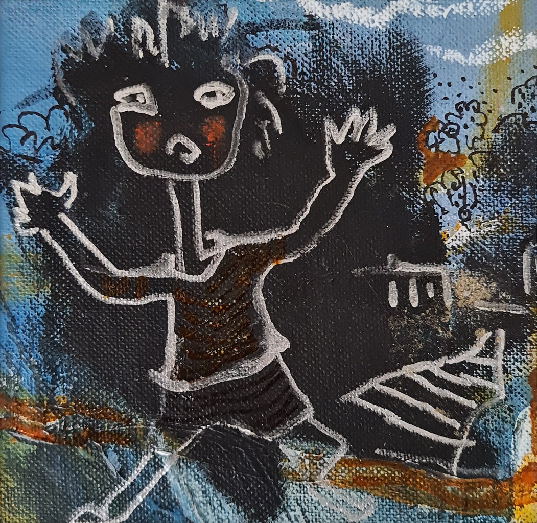 Peinture art brut contemporaine représentant un personnage stylisé aux bras levés sur fond abstrait bleu et noir, œuvre originale de Kellestom.