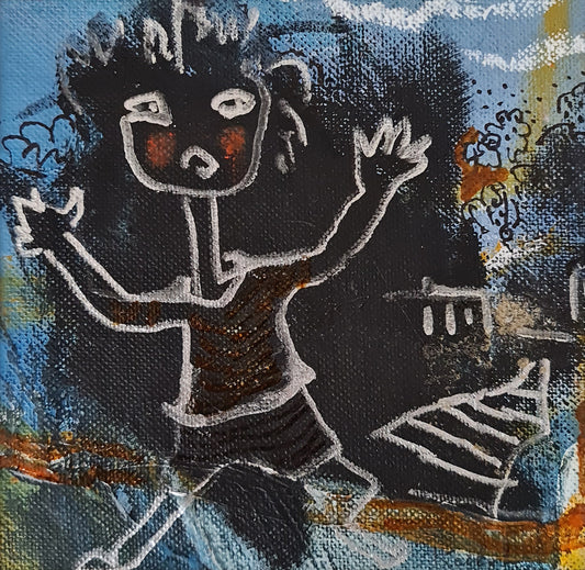 Peinture art brut contemporaine représentant un personnage stylisé aux bras levés sur fond abstrait bleu et noir, œuvre originale de Kellestom.