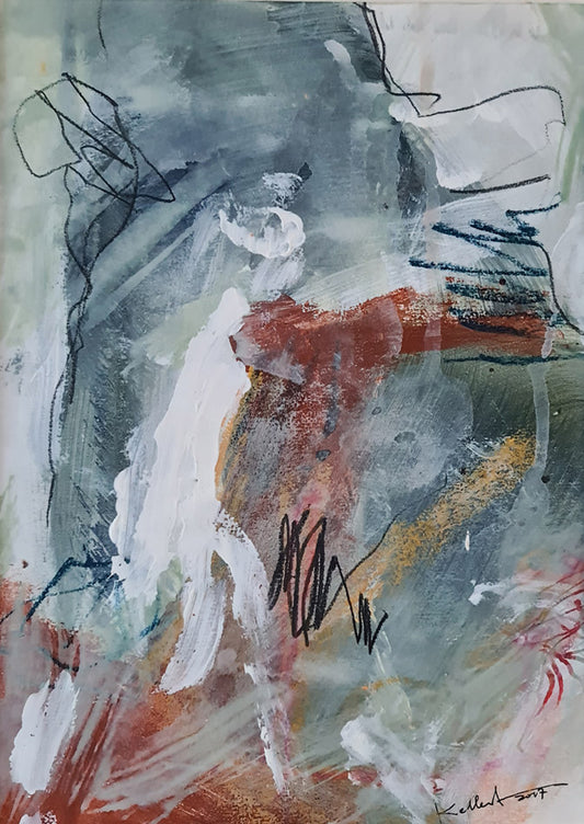 Peinture abstraite technique mixte de Kellestom (2017), tons de bleu-vert sourd, ocre-rouge et empâtement blanc, avec des lignes fines noires au fusain. Signature visible en bas à droite.