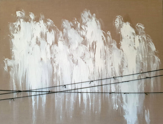 Les Âmes Errantes, peinture abstraite contemporaine sur toile brute inspirée d'un voyage à Beyrouth, silhouettes blanches et lignes graphiques.