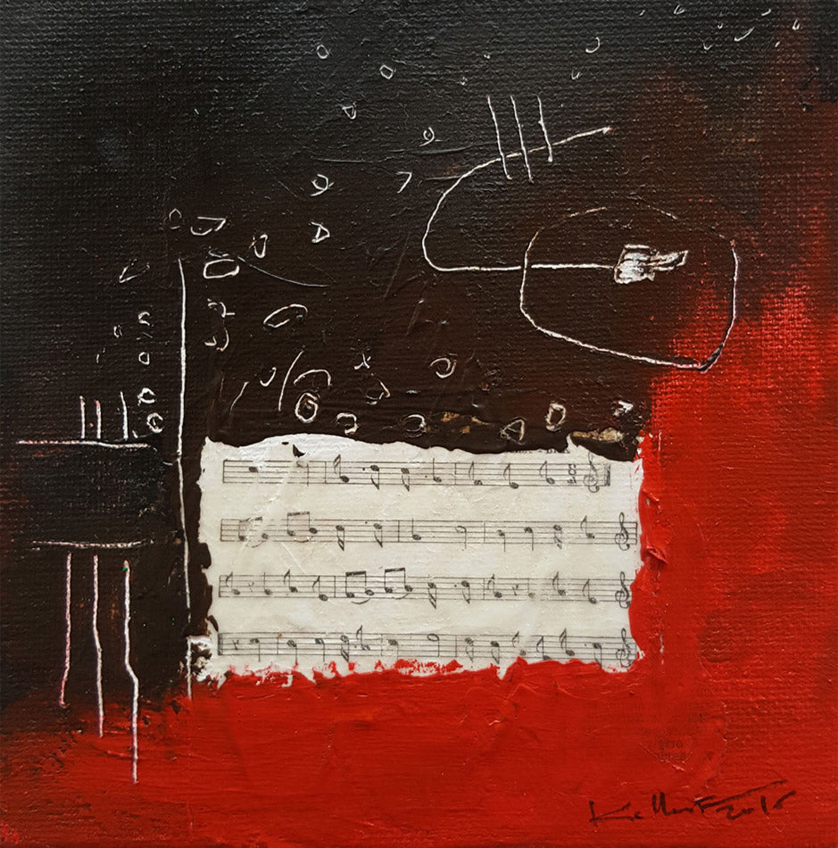 Peinture abstraite "Mélodie" par 
Kellestom, technique mixte avec partition de musique, fond noir et rouge éclatant.