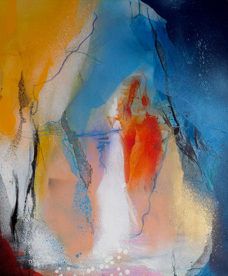 Peinture sur toile abstraite contemporaine bleu, orange et touches d'or - Par-delà les Reflets par Kellestom