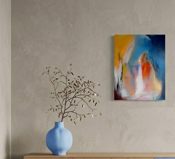 peinture abstraite contemporaine sur toile, nuances de bleu, blanc et orange évoquant un passage vers un horizon lumineux.
