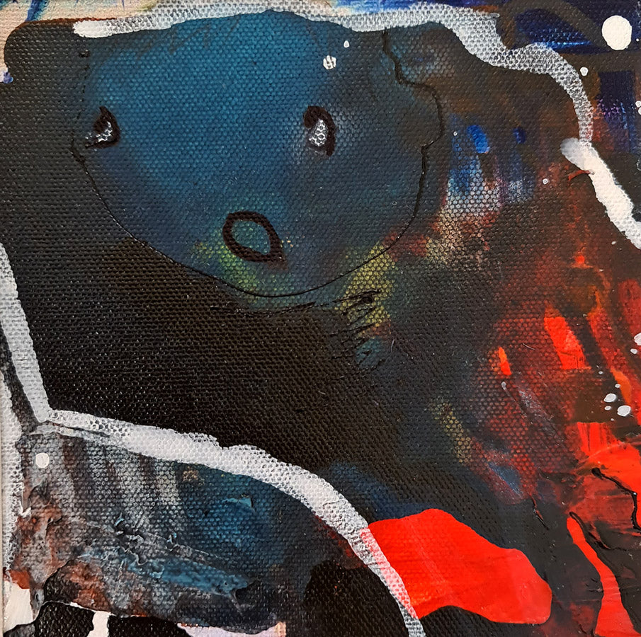 Peinture abstraite 20x20 cm sur toile représentant un visage stylisé bleu et rouge par Kellestom