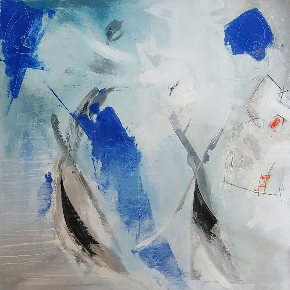 Peinture abstraite contemporaine 100x100cm bleue, gris et blanc réalisée par Kellestom