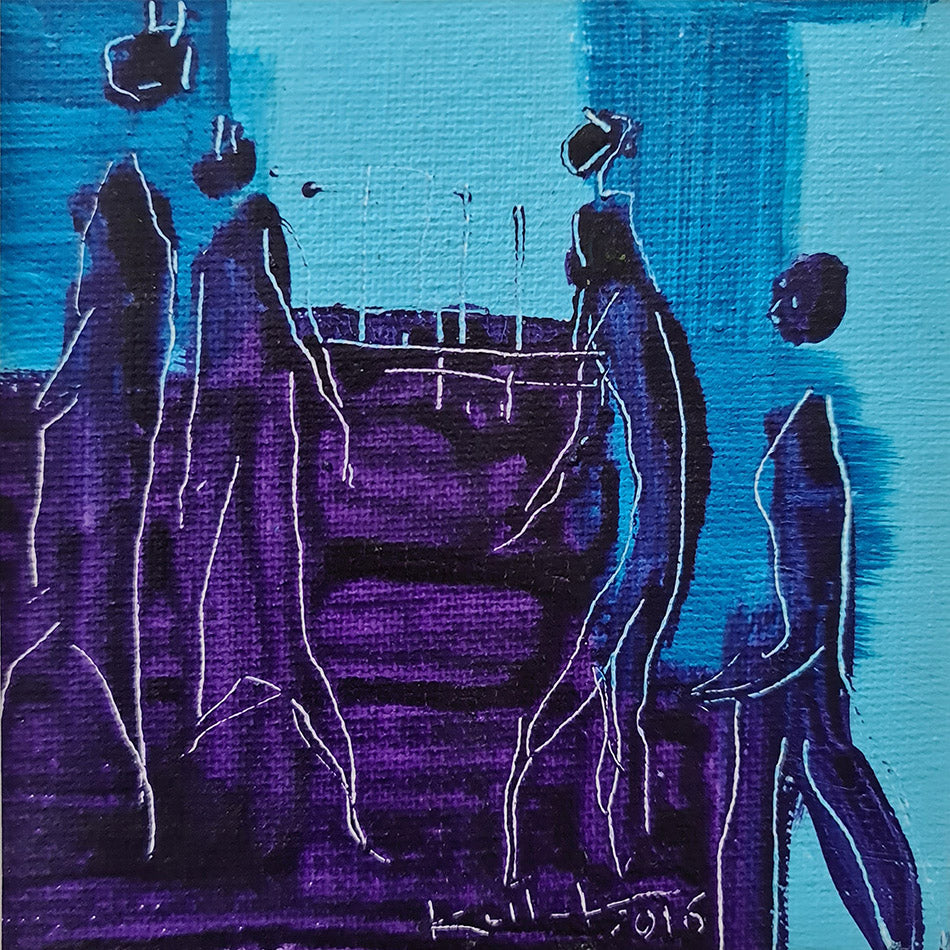 Peinture abstraite contemporaine "Euphorie" par Kellestom, silhouettes longilignes violettes sur fond bleu turquoise, signée 2016